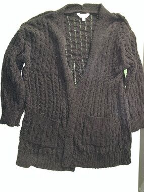 Terra & Sky Black Cable Knit Open Cardigan